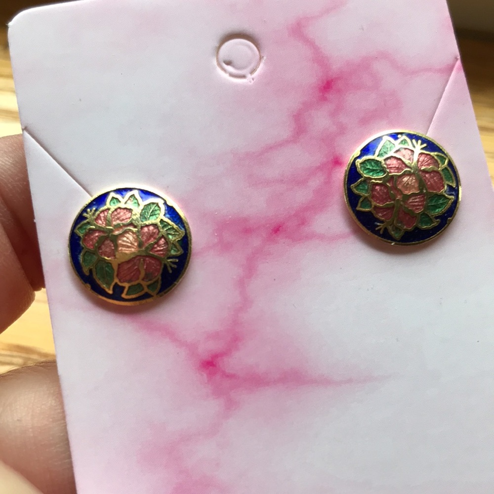 Vintage Cloisonné Stud Earrings 🌺 Round Enameled Blue design with flowers